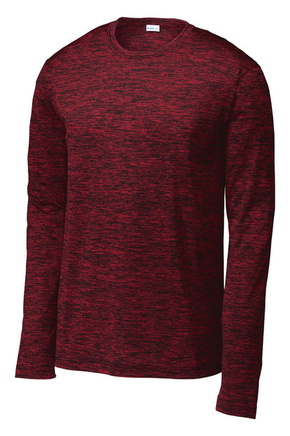 Front View of Dp Red-Blk Ele Sport-Tek PosiCharge Long Sleeve Electric Heather Tee. ST390LS