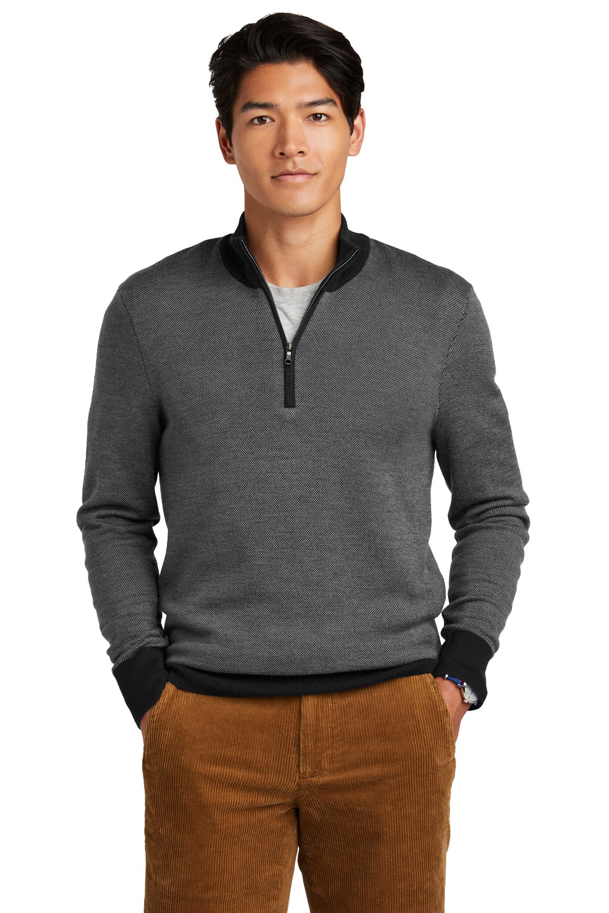 Front View of DpBk/ShdGy Brooks Brothers Washable Merino Birdseye 1/4-Zip Sweater BB18412