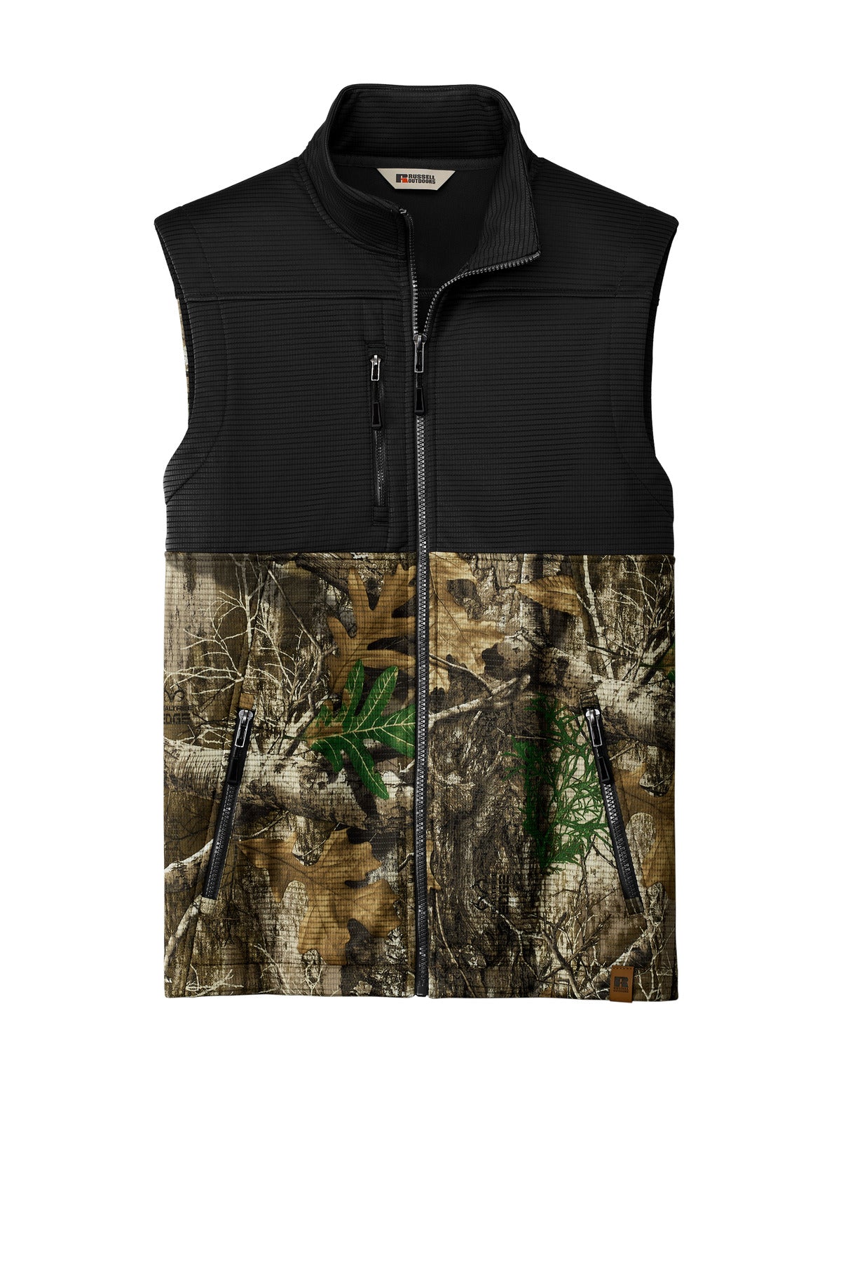 Front View of DpBlk/RTEd Russell Outdoors Realtree Atlas Colorblock Soft Shell Vest RU604