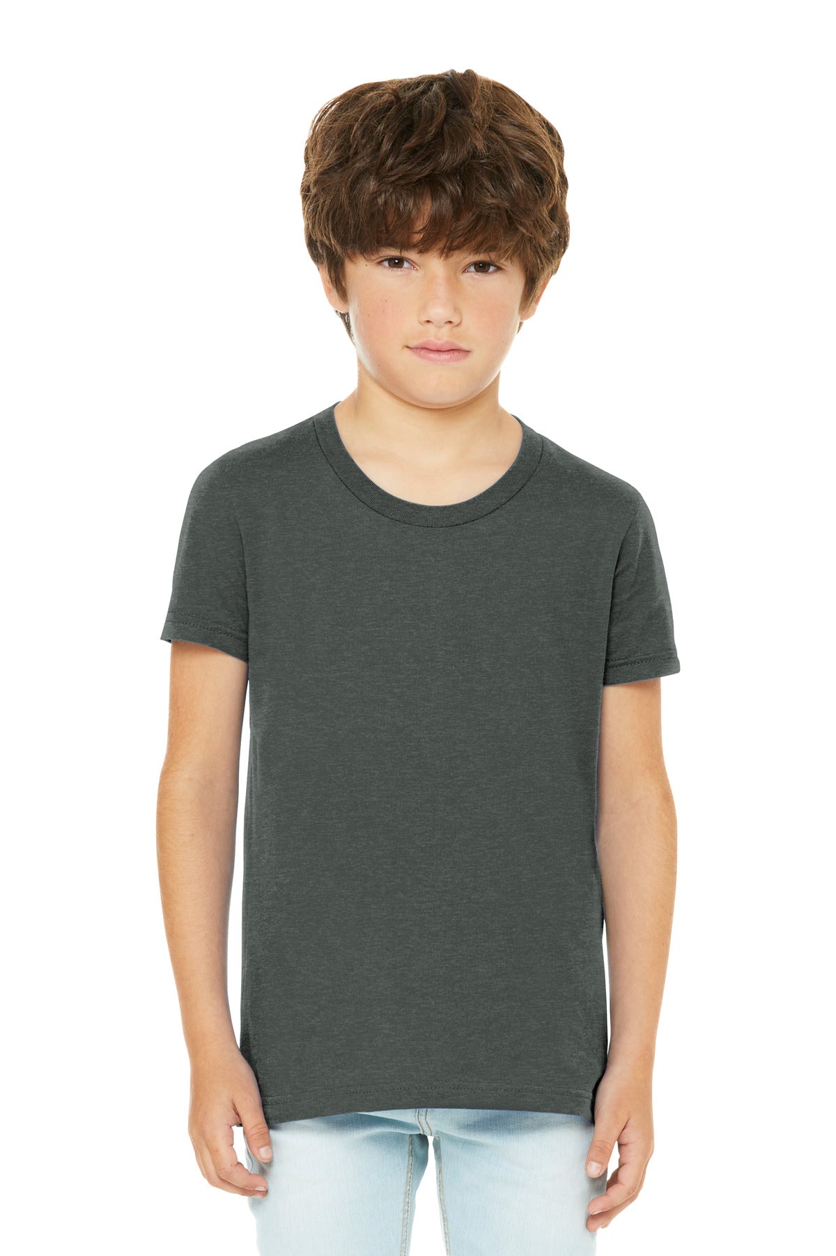 Front View of DpHeather BELLA+CANVAS Youth Heather CVC Tee BC3001YCVC