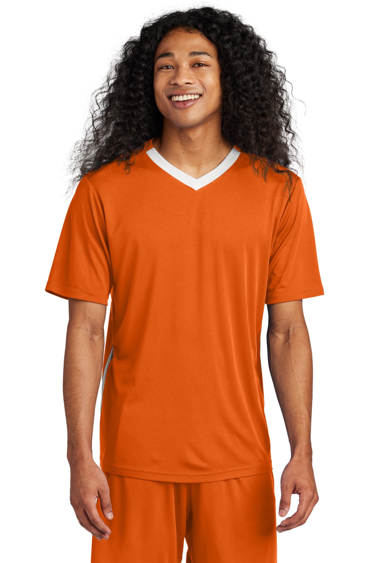 Front View of DpOr/White Sport-Tek Competitor United V-Neck ST101