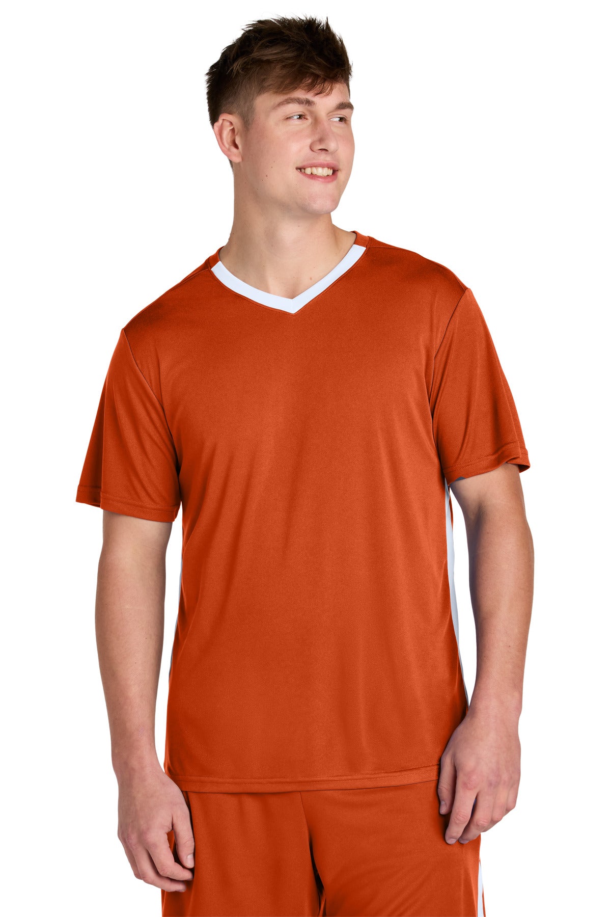 Front View of DpOr/White Sport-Tek Competitor United V-Neck ST101