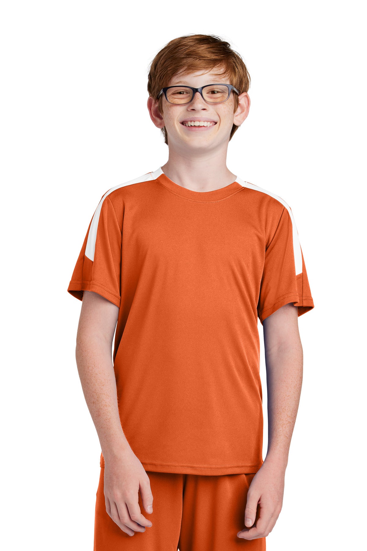 Front View of DpOr/White Sport-Tek Youth Competitor United Crew YST100