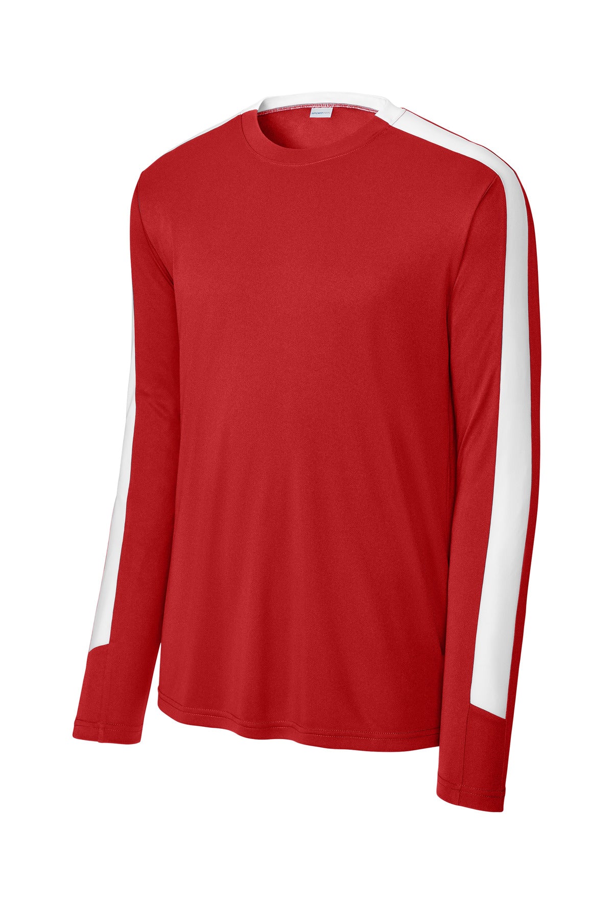 Front View of DpRd/Wht Sport-Tek Competitor United Long Sleeve Crew ST100LS