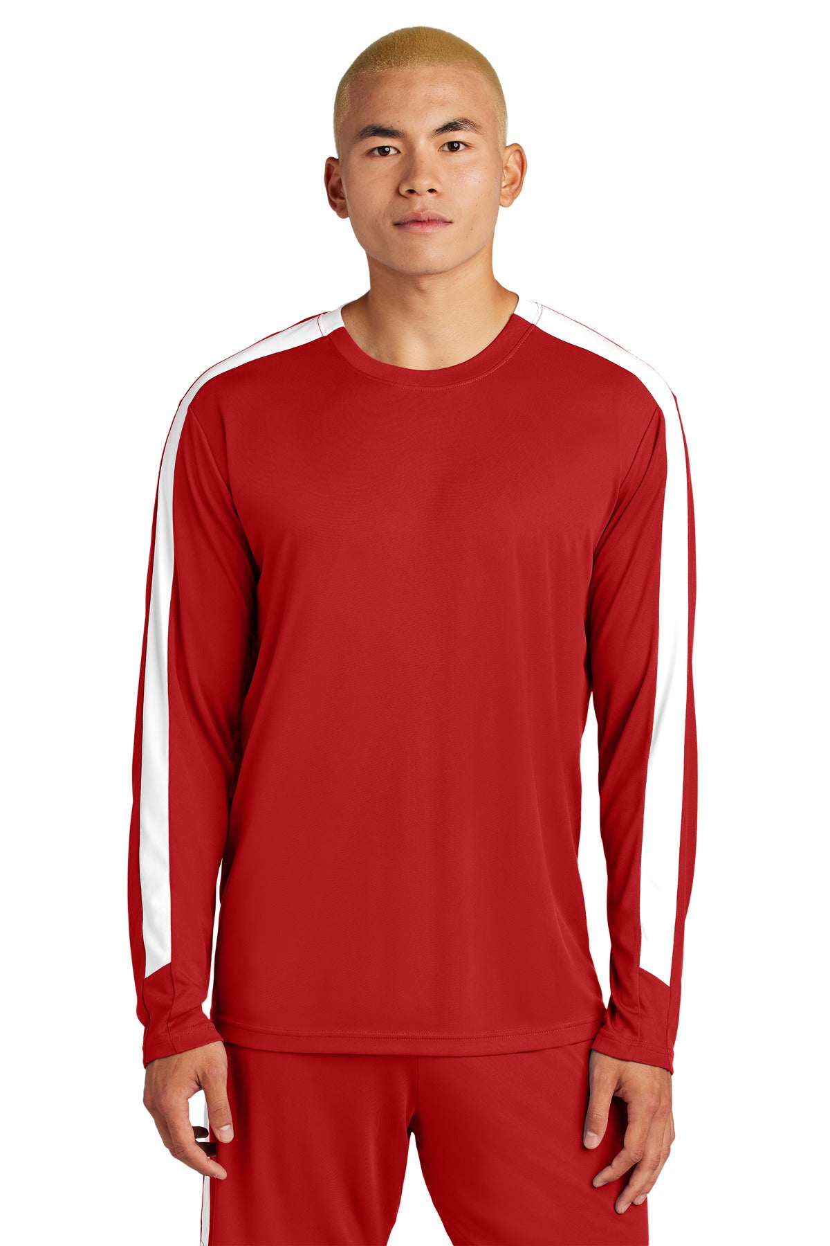 Front View of DpRd/Wht Sport-Tek Competitor United Long Sleeve Crew ST100LS