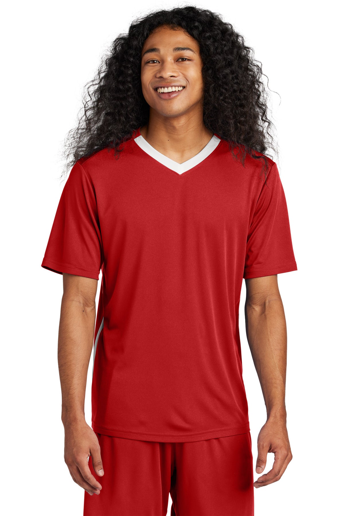 Front View of DpRd/Wht Sport-Tek Competitor United V-Neck ST101