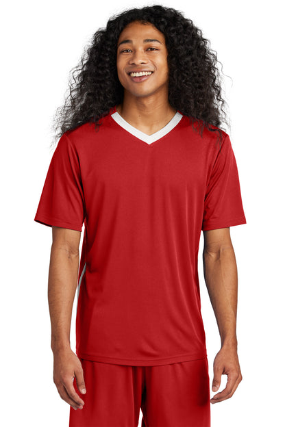 Front View of DpRd/Wht Sport-Tek Competitor United V-Neck ST101