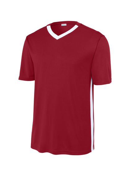 Front View of DpRd/Wht Sport-Tek Competitor United V-Neck ST101