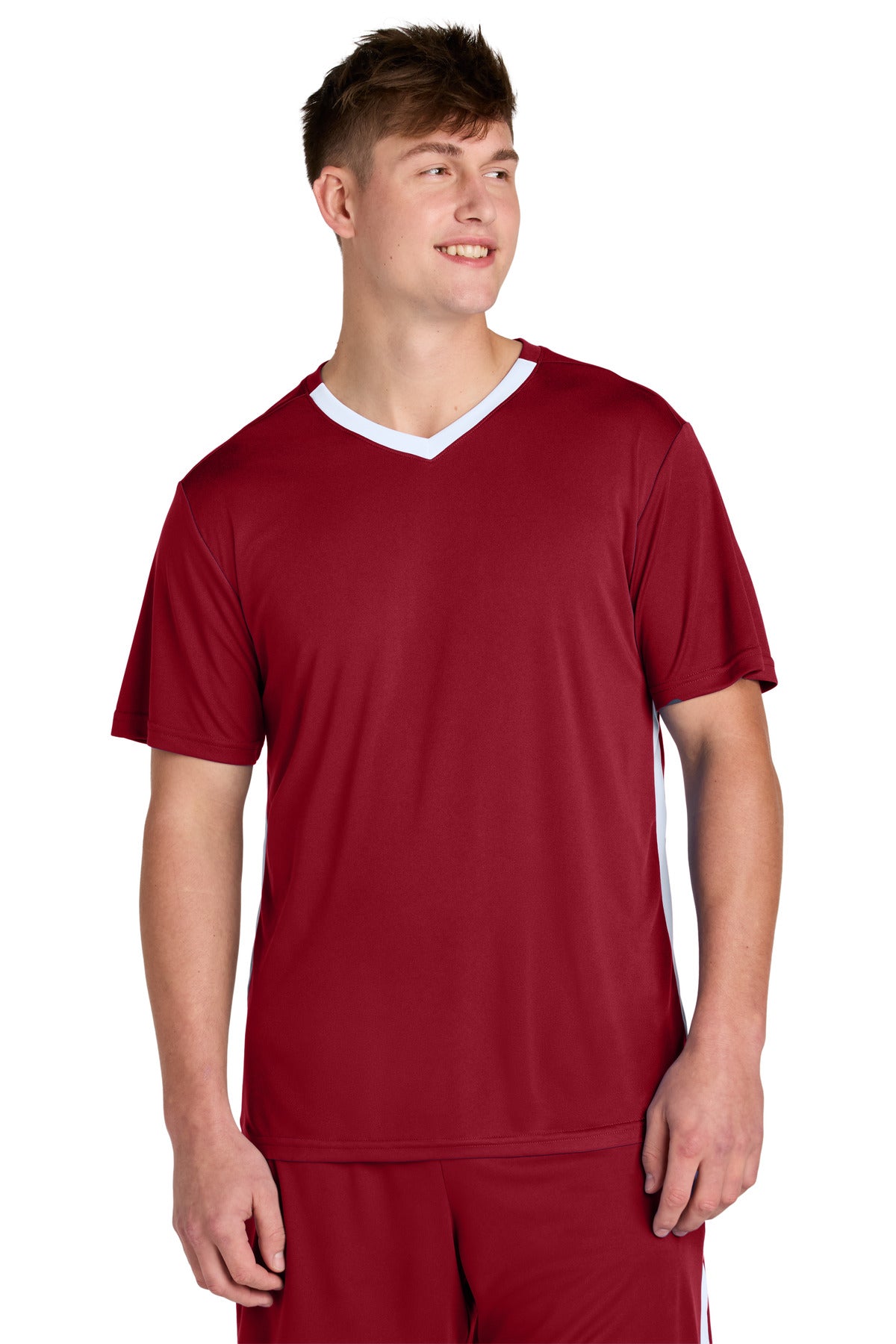 Front View of DpRd/Wht Sport-Tek Competitor United V-Neck ST101