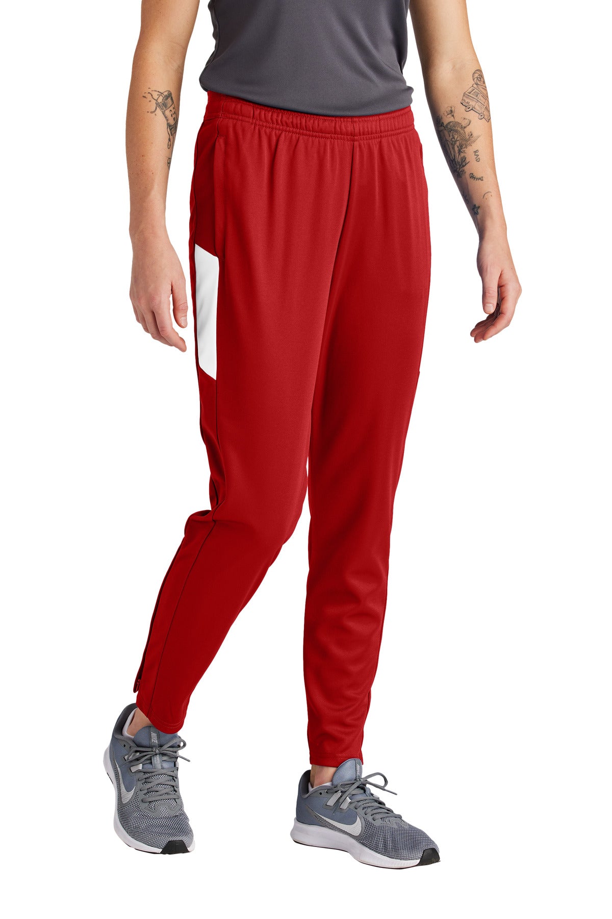 Front View of DpRd/Wht Sport-Tek Women's Travel Pant LPST800