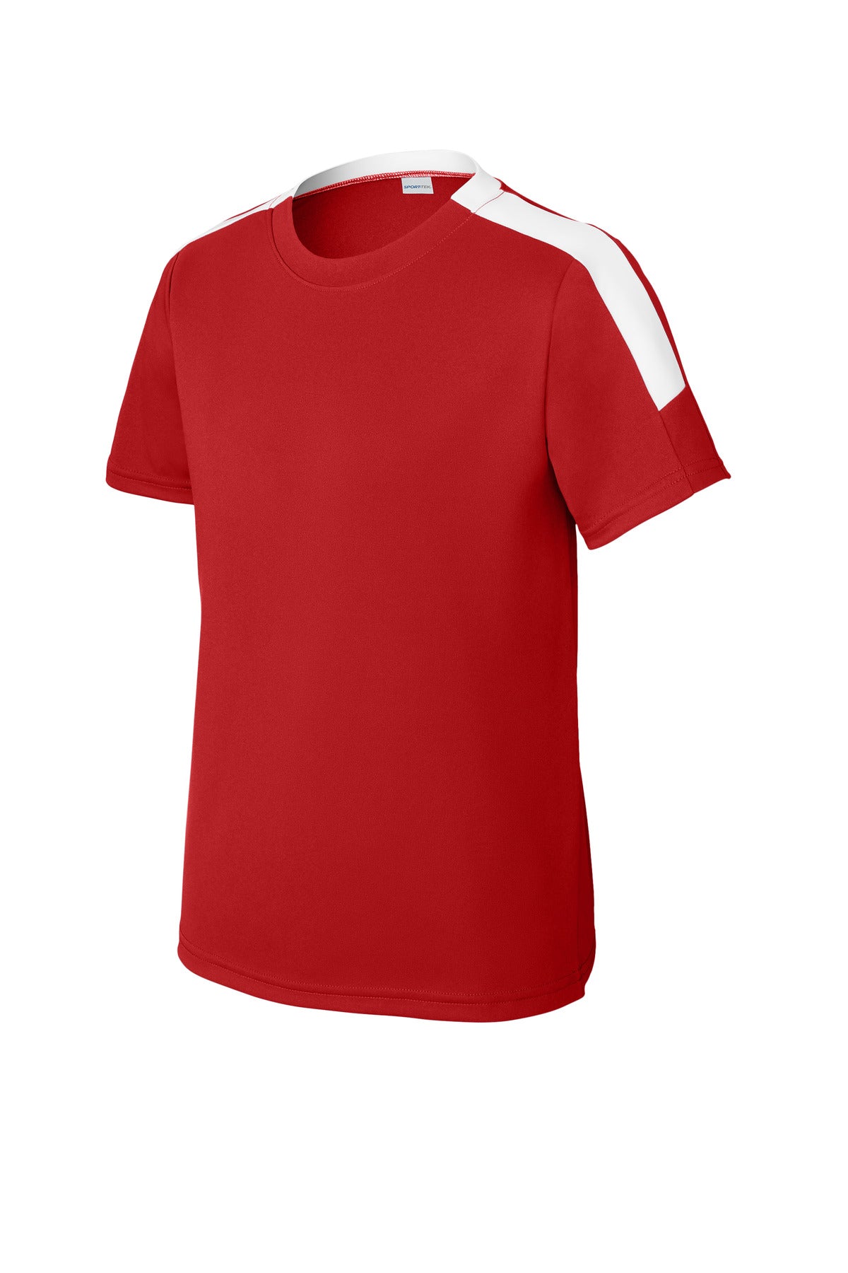 Front View of DpRd/Wht Sport-Tek Youth Competitor United Crew YST100