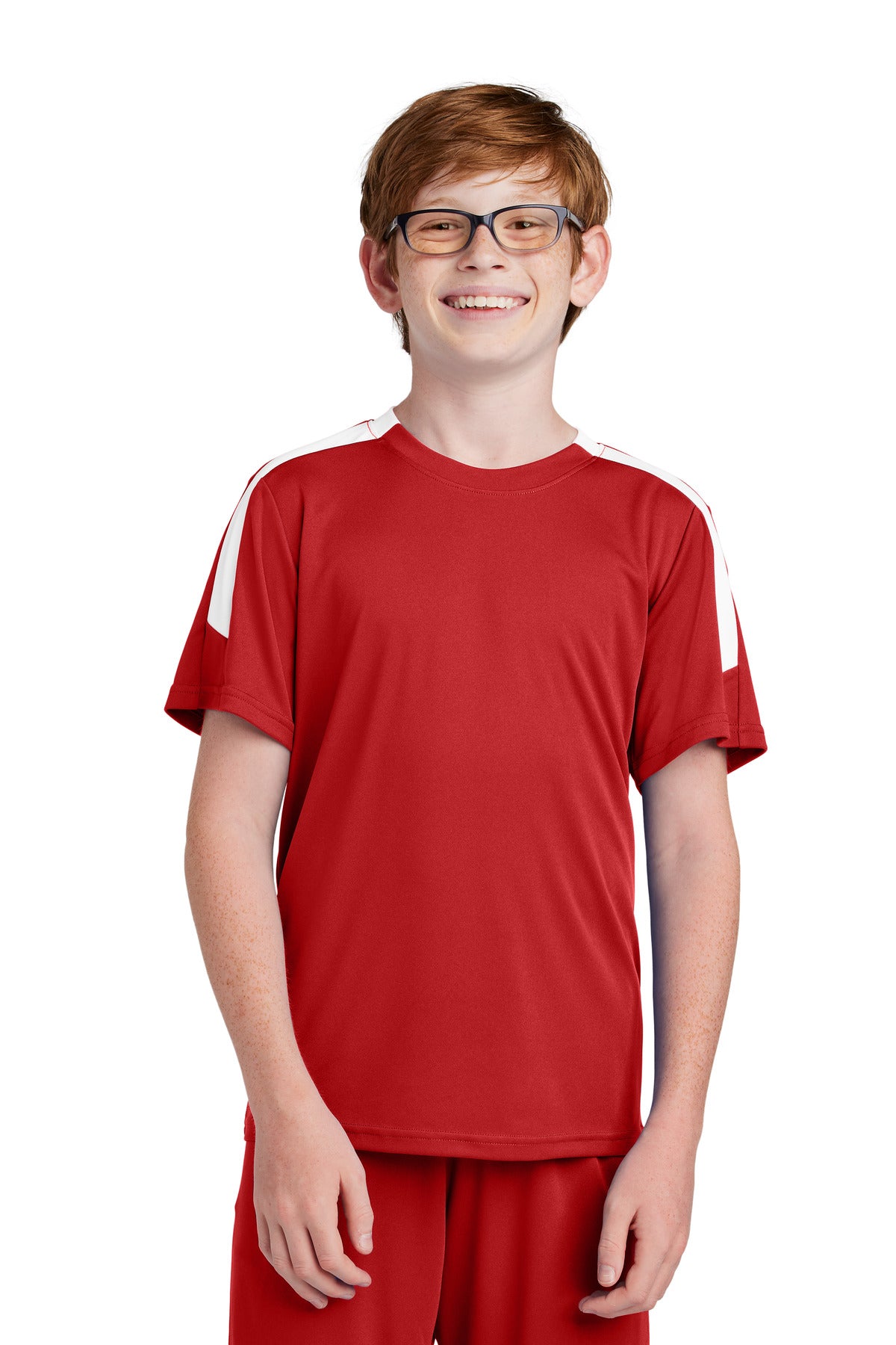 Front View of DpRd/Wht Sport-Tek Youth Competitor United Crew YST100