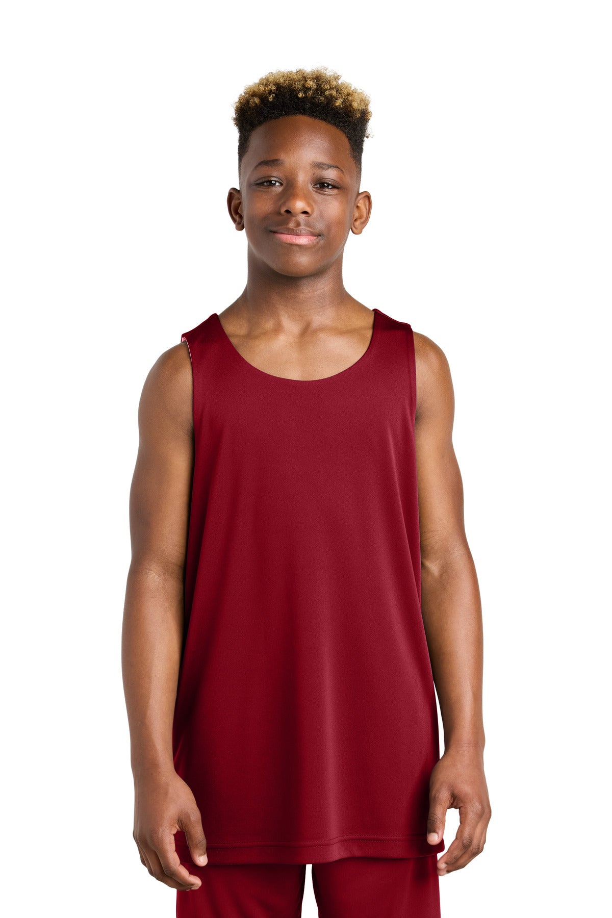Front View of DpRd/Wht Sport-Tek Youth PosiCharge Competitor Rev Tank YST551