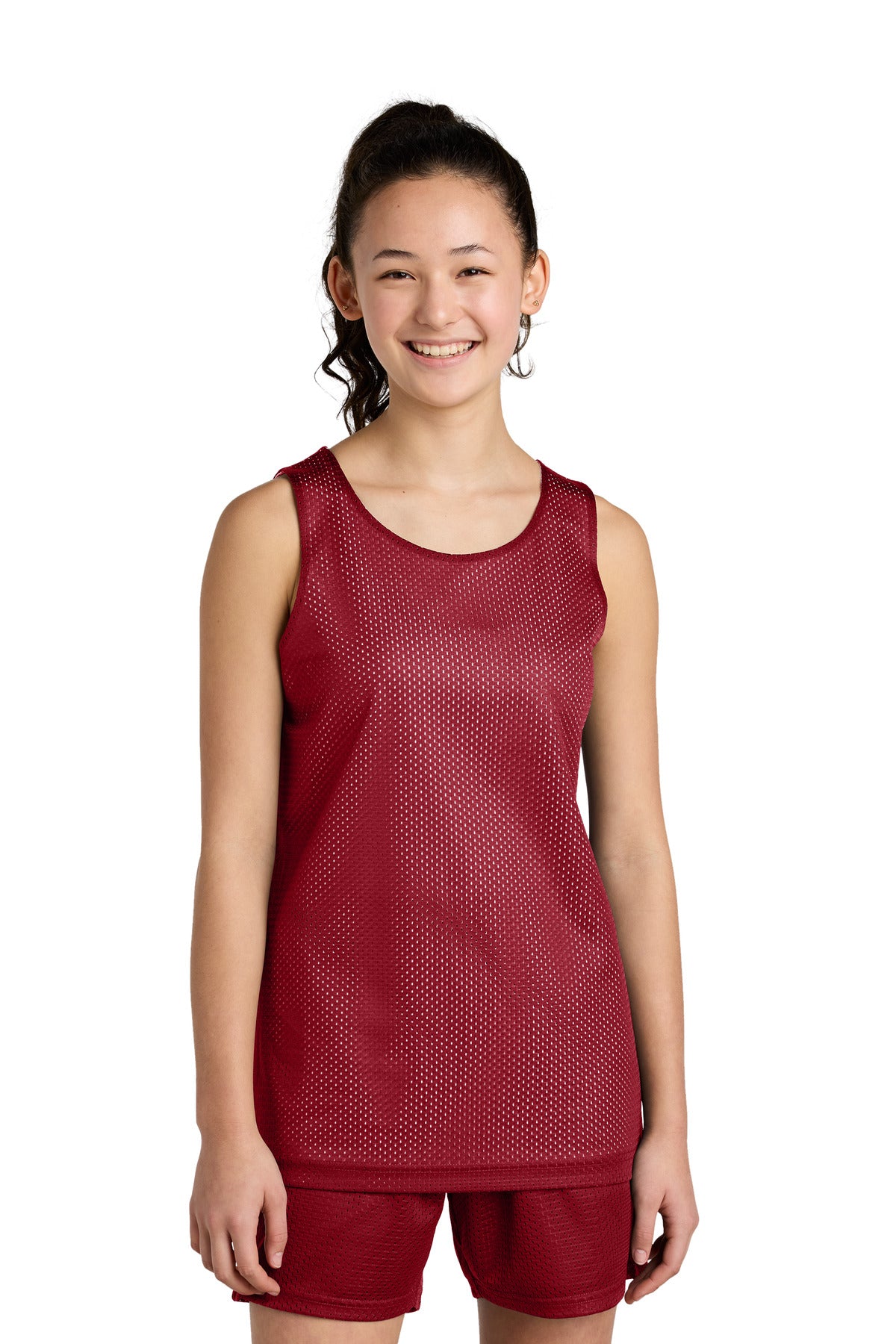 Front View of DpRd/Wht Sport-Tek Youth PosiCharge Reversible Mesh Tank YST5000