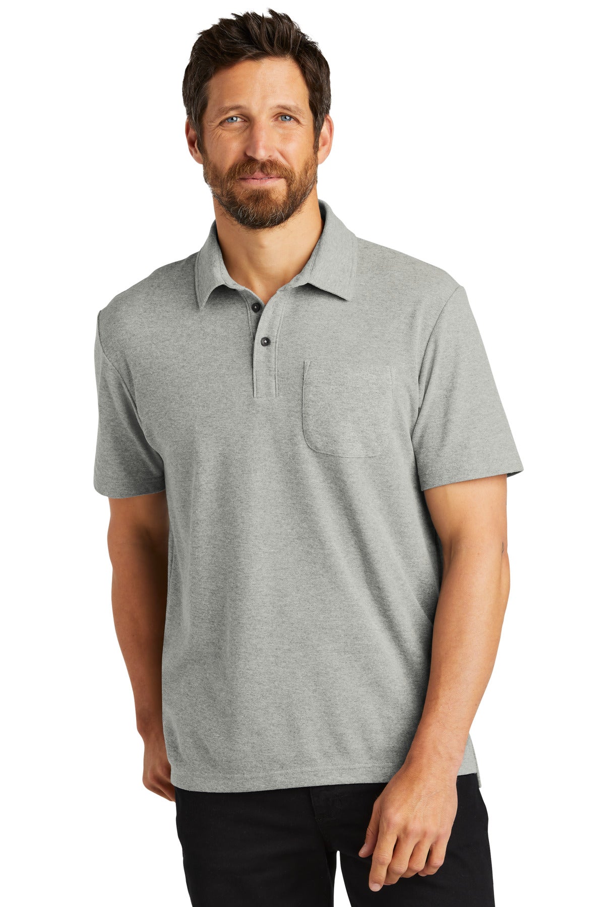 Front View of DpSmkHthr Port Authority C-FREE Cotton Blend Pique Pocket Polo K868