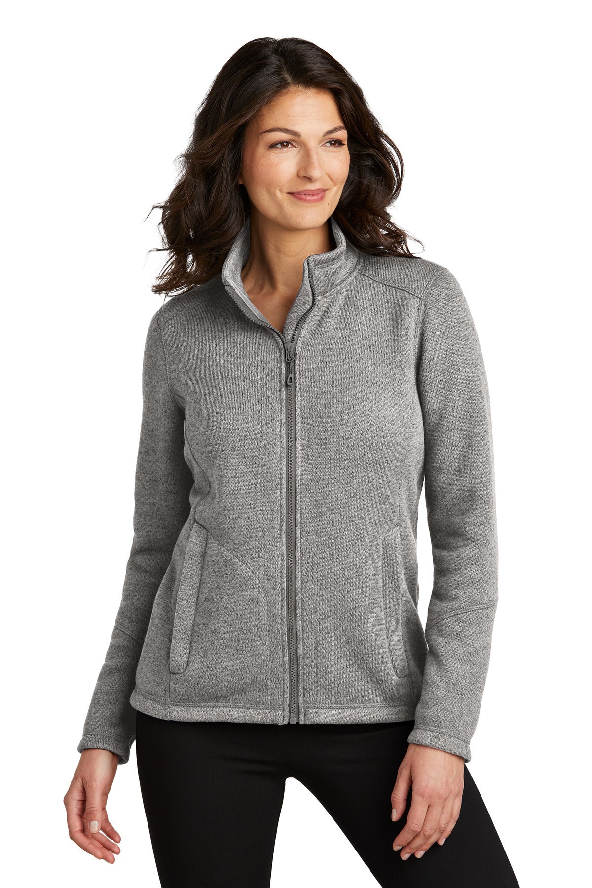 Front View of DpSmkHthr Port Authority Women's Arc Sweater Fleece Jacket L428