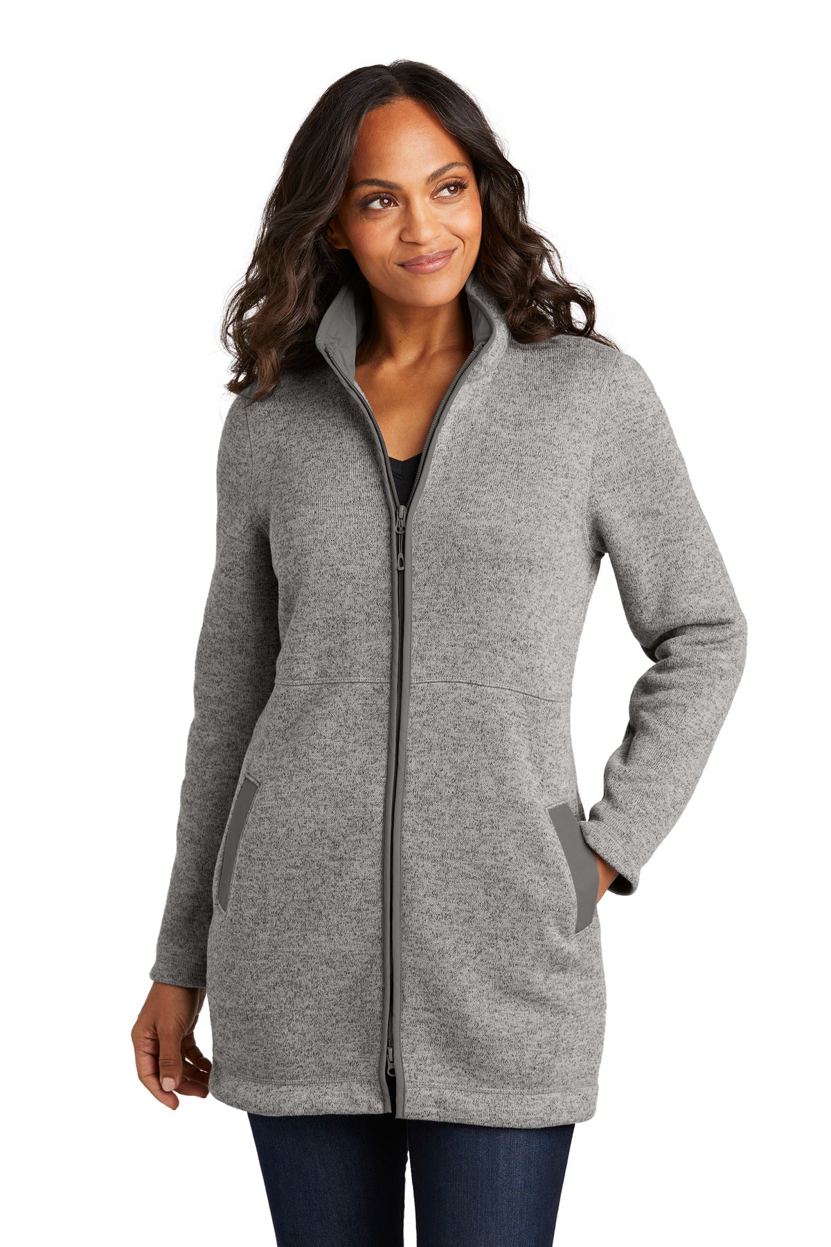 Front View of DpSmkHthr Port Authority Women's Arc Sweater Fleece Long Jacket L425