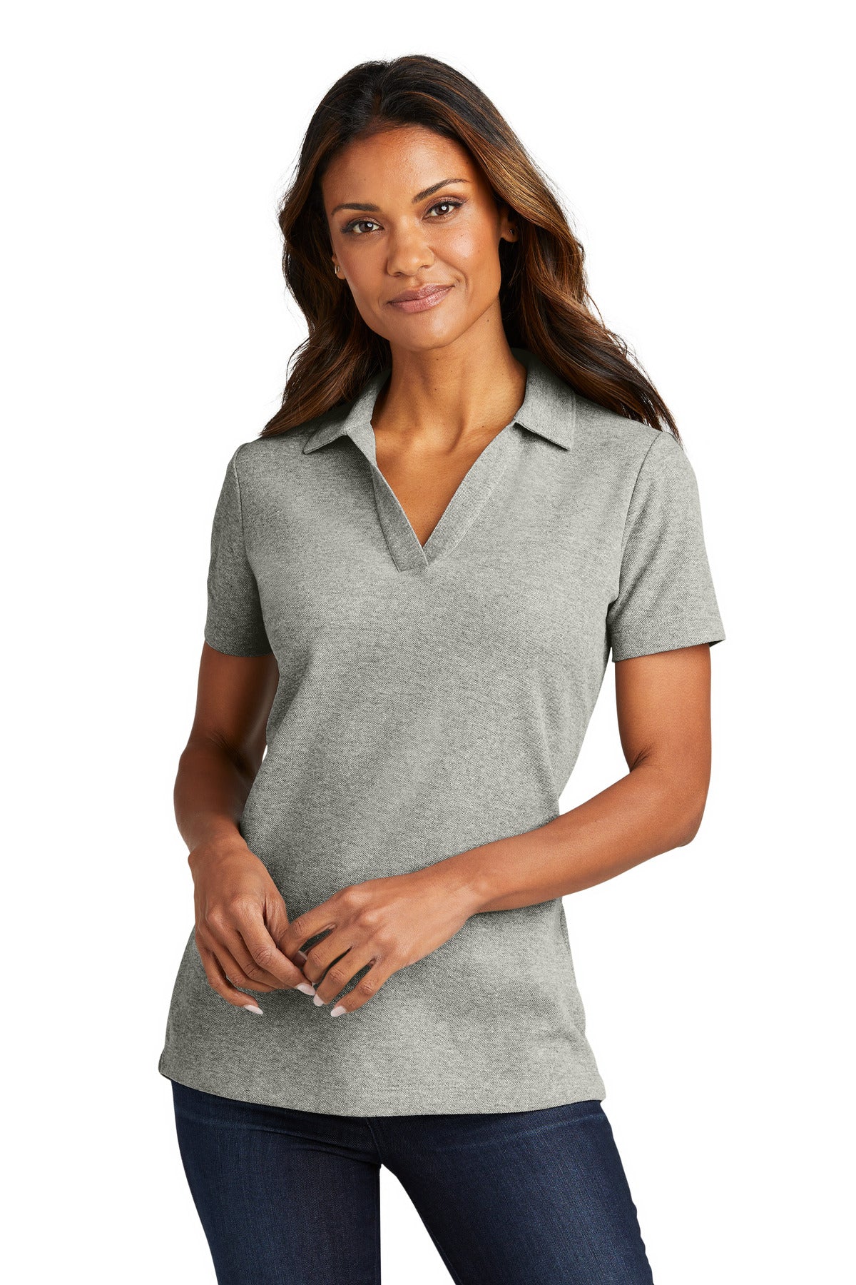 Front View of DpSmkHthr Port Authority Women's C-FREE Cotton Blend Pique Polo LK867