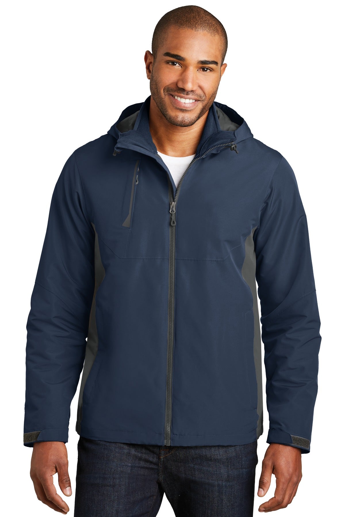Front View of Dr Bl Ny/Gy St Port Authority Merge 3-in-1 Jacket. J338