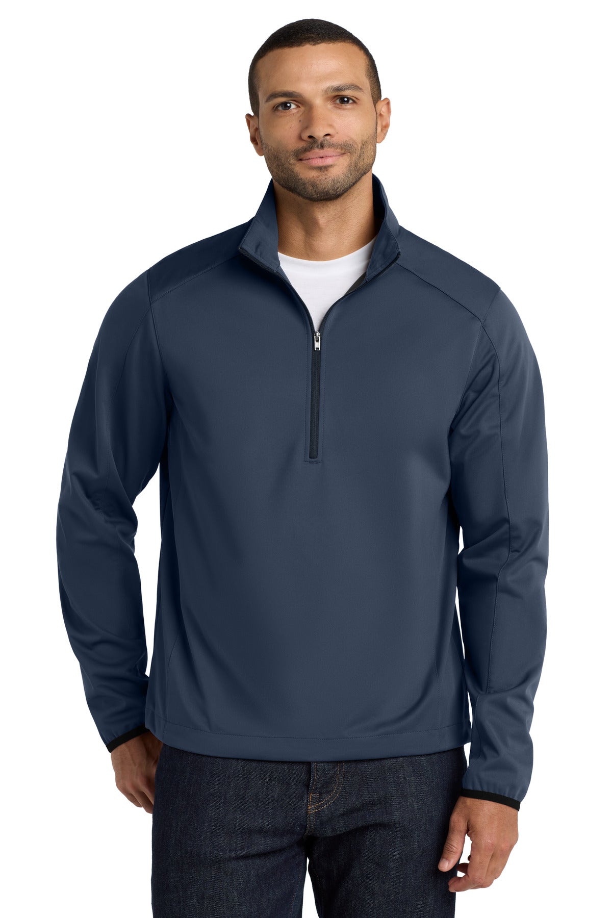Front View of Dress Blue Nvy Port Authority Active 1/2-Zip Soft Shell Jacket. J716