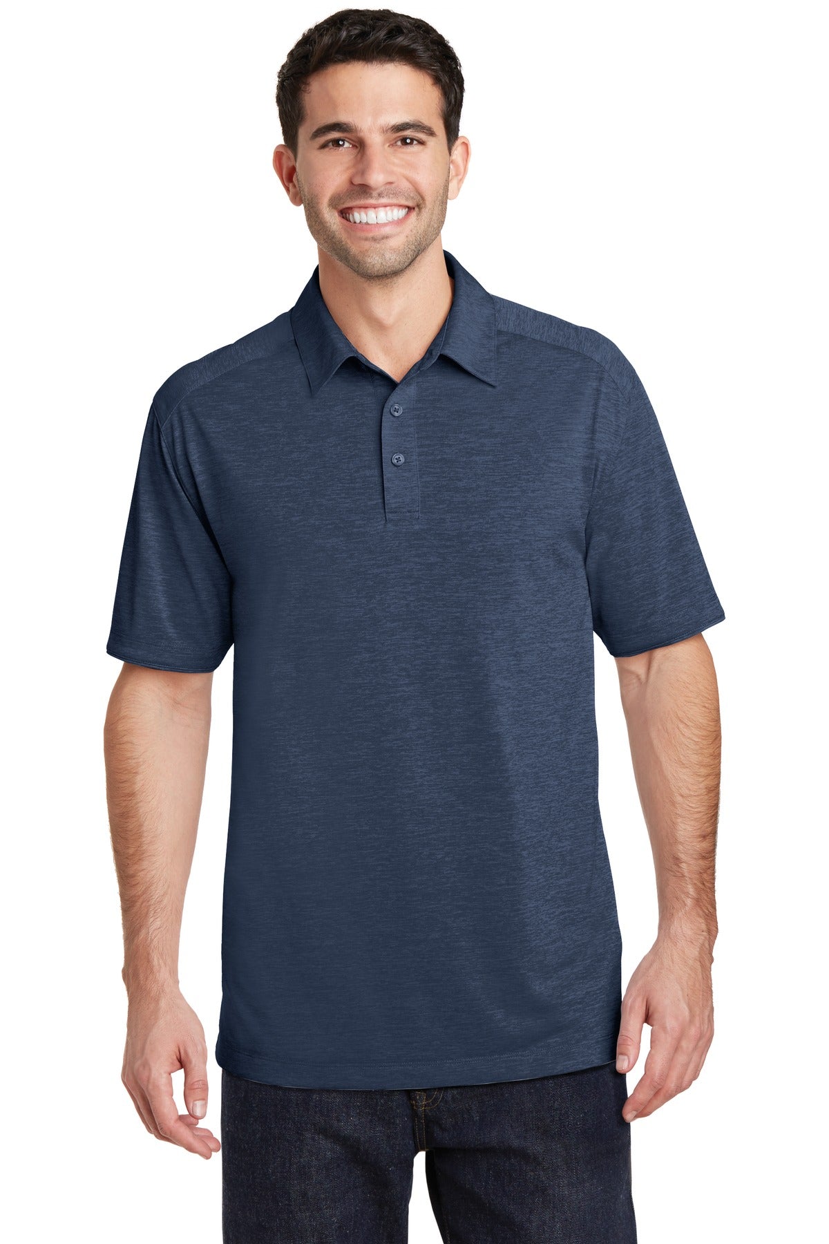 Front View of Dress Blue Nvy Port Authority Digi Heather Performance Polo. K574