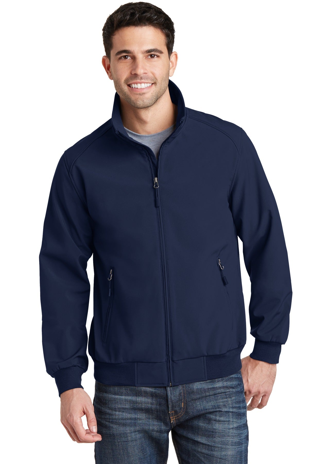 Front View of Dress Blue Nvy Port Authority Soft Shell Bomber Jacket. J337