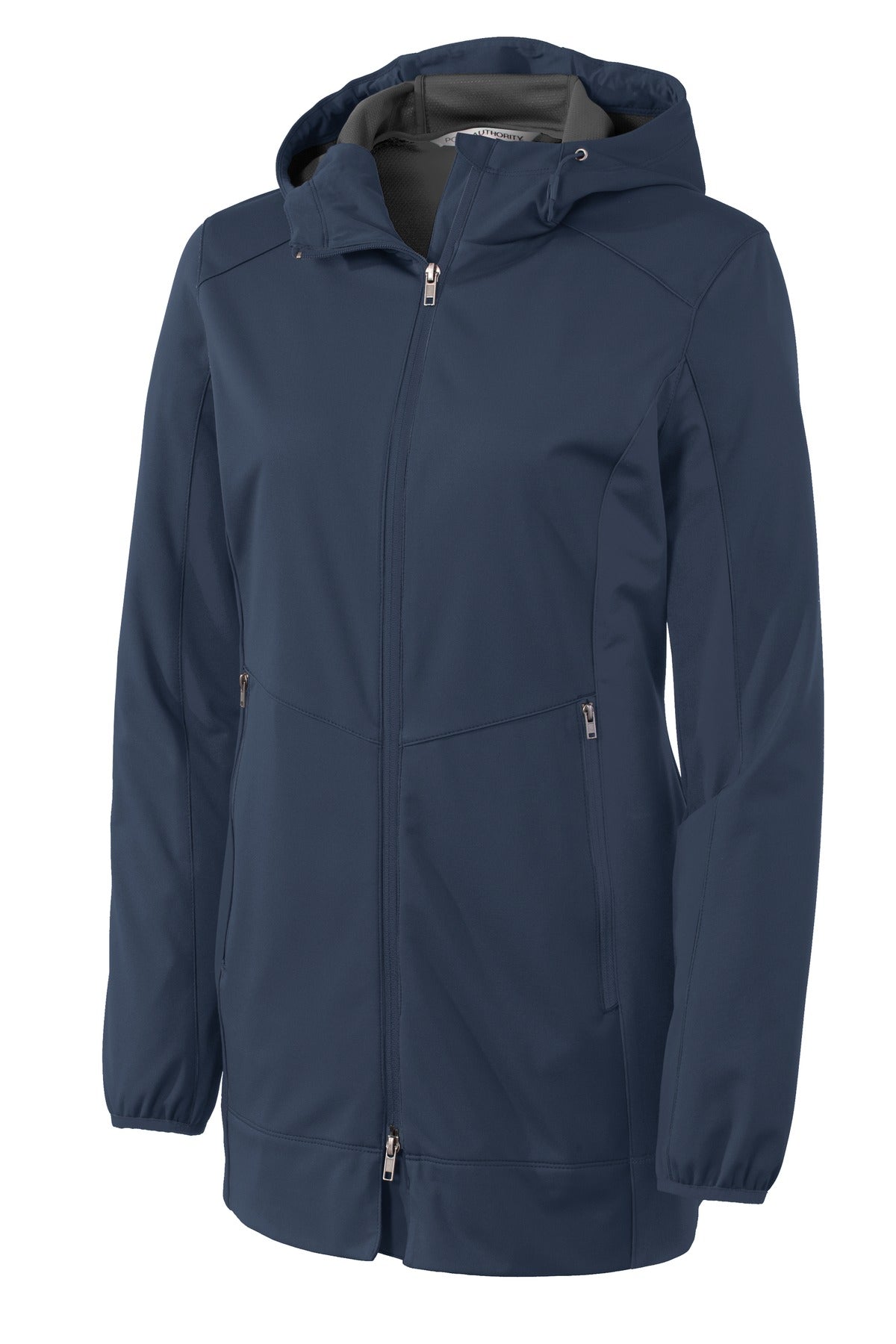 Front View of Dress Blue Nvy Port Authority Women's Active Hooded Soft Shell Jacket. L719