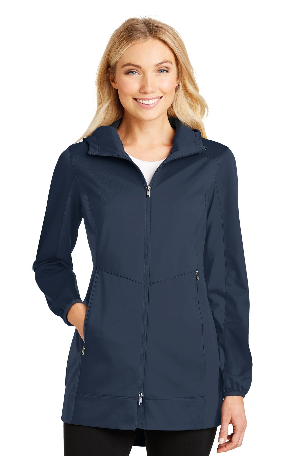 Front View of Dress Blue Nvy Port Authority Women's Active Hooded Soft Shell Jacket. L719