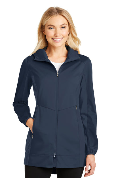 Front View of Dress Blue Nvy Port Authority Women's Active Hooded Soft Shell Jacket. L719