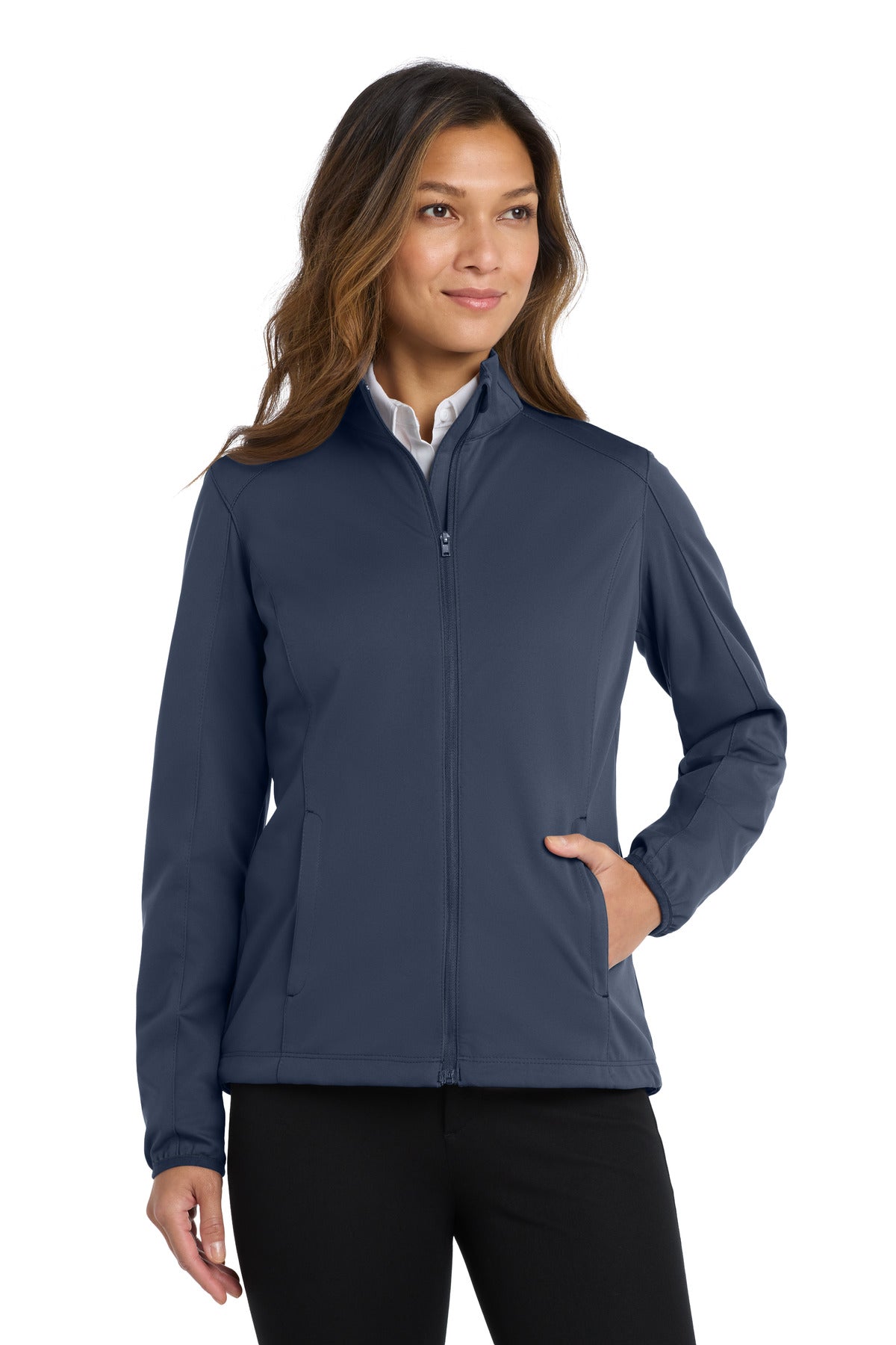 Front View of Dress Blue Nvy Port Authority Women's Active Soft Shell Jacket. L717