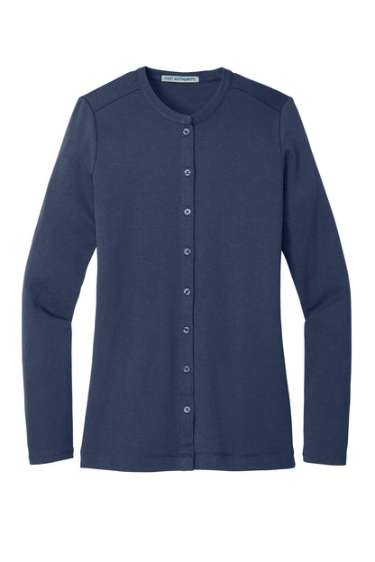 Front View of Dress Blue Nvy Port Authority Women's Concept Stretch Button-Front Cardigan. LM1008