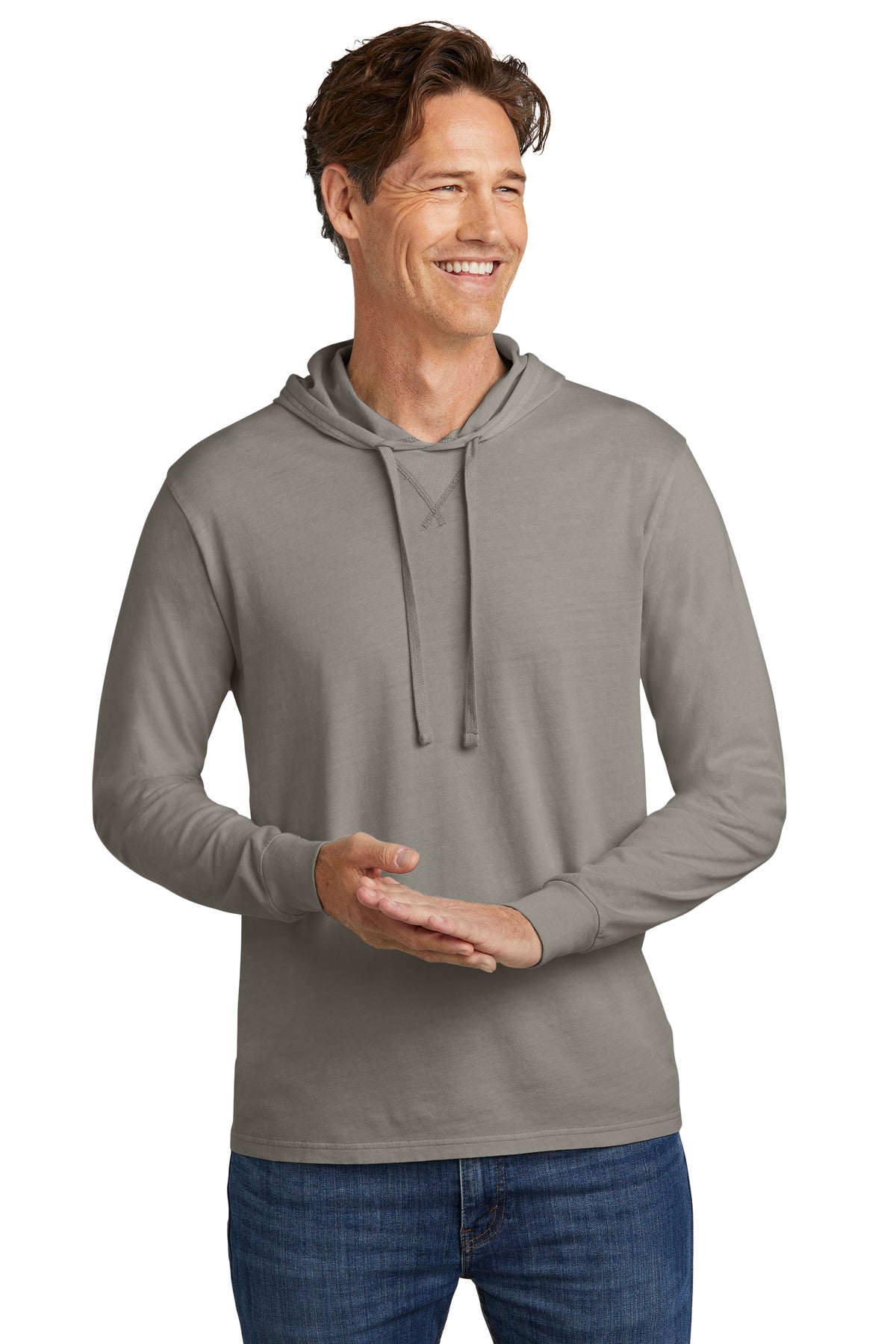 Front View of DrftwdGrey Allmade Unisex Mineral Dye Organic Cotton Hoodie Tee AL6305