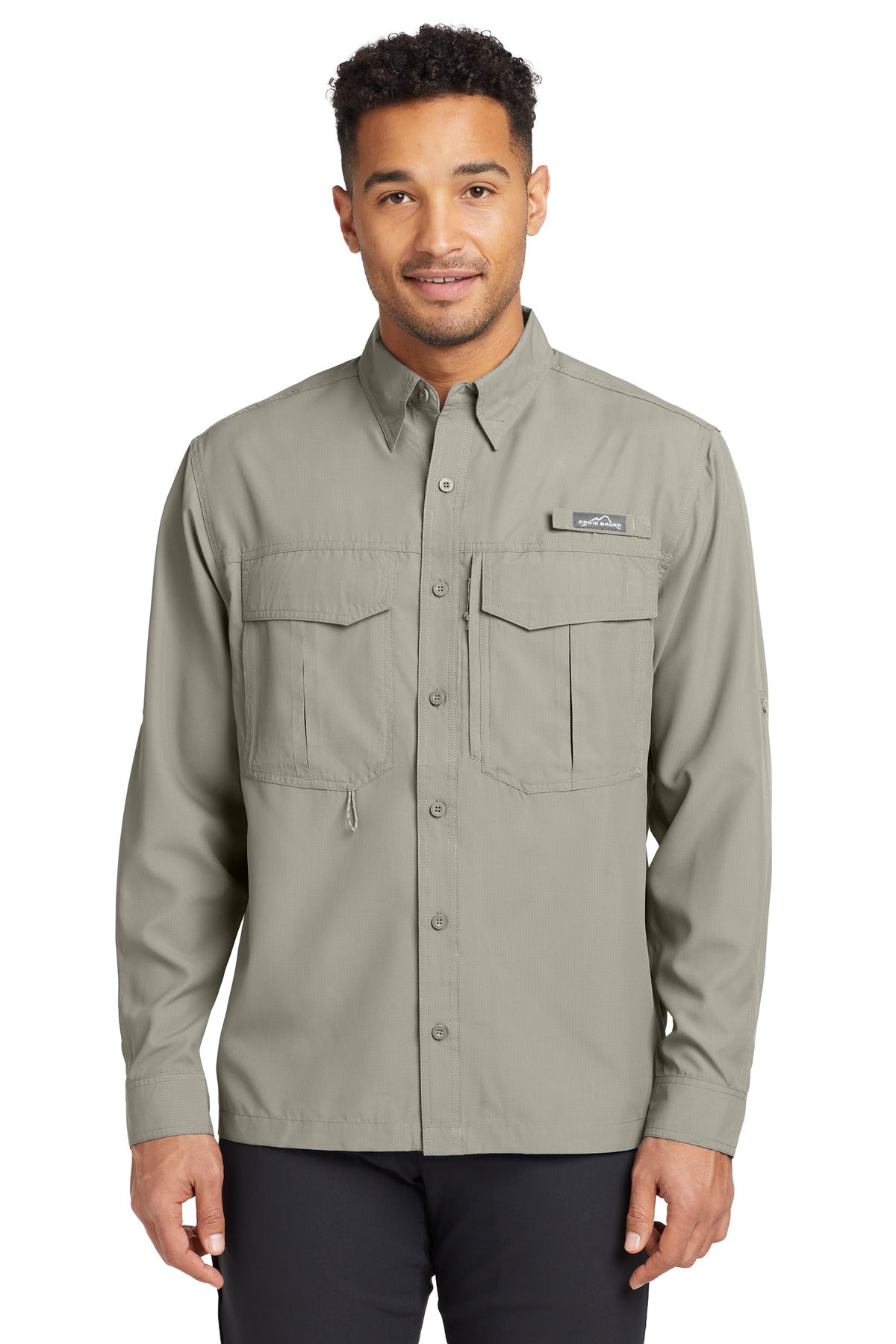 Front View of Driftwood Eddie Bauer - Long Sleeve Performance Fishing Shirt. EB600