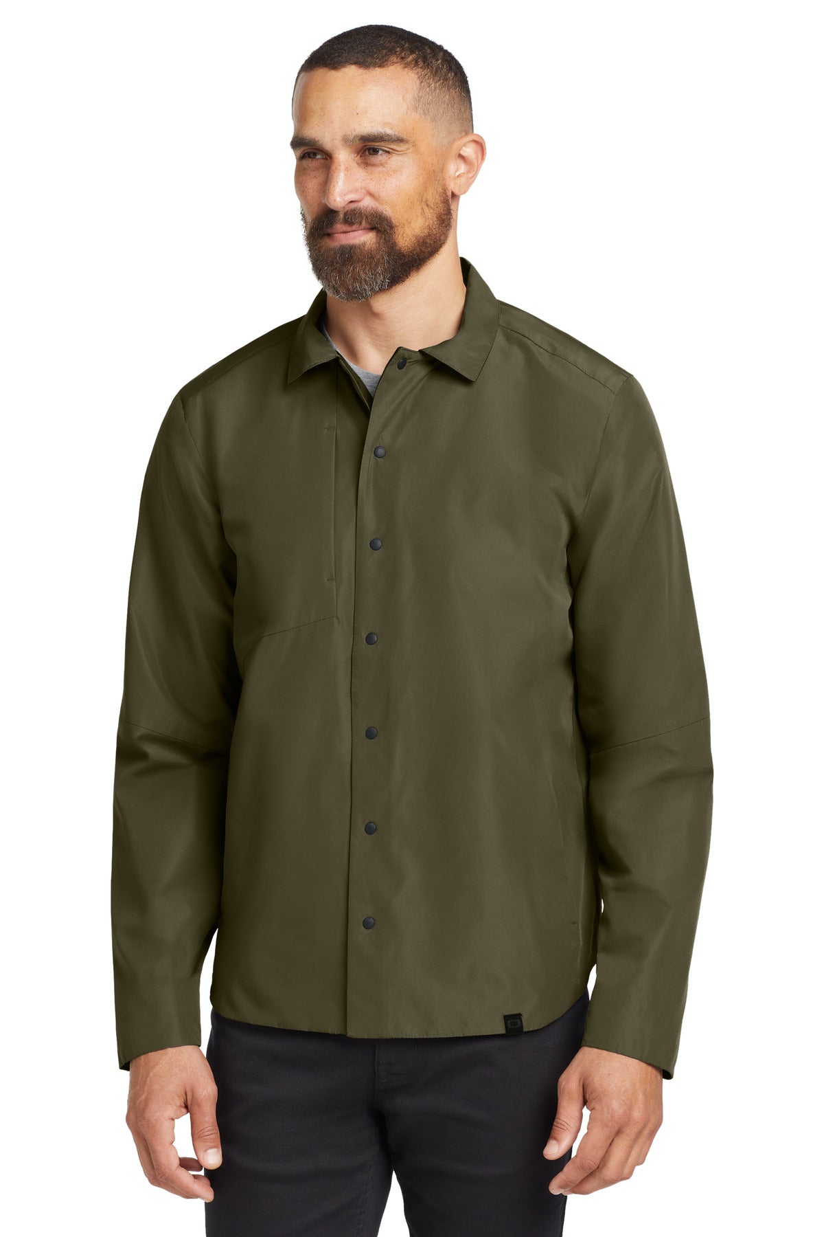 Front View of Drive Green OGIO Reverse Shirt Jacket. OG754
