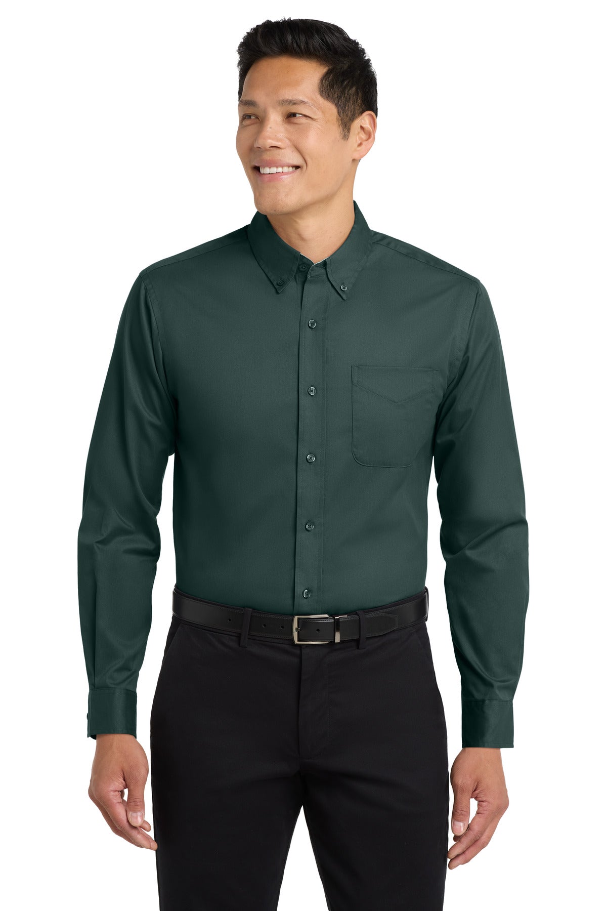 Front View of Drk Green/Navy Port Authority Extended Size Long Sleeve Easy Care Shirt S608ES