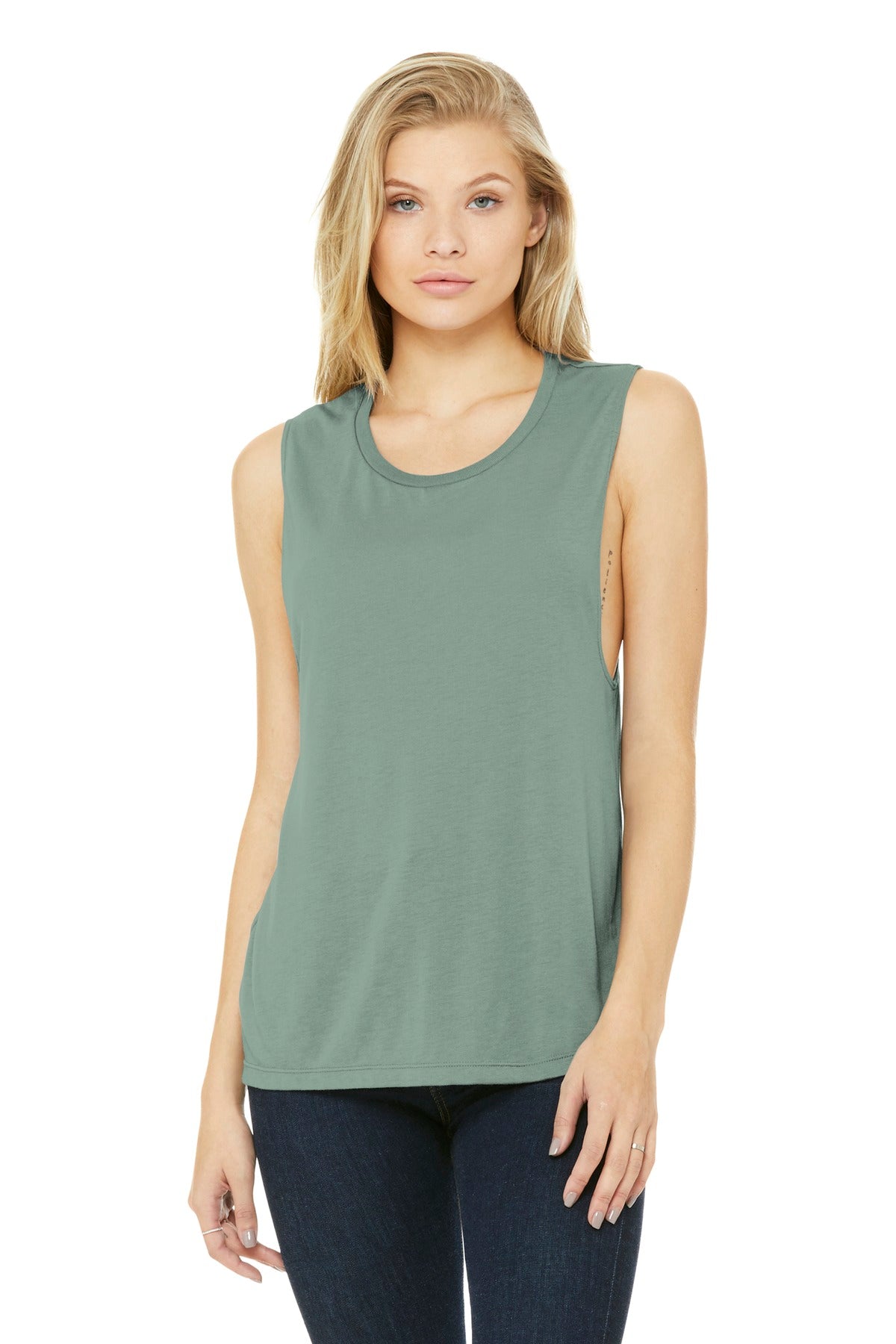 Front View of Dusty Blue BELLA+CANVAS Women's Flowy Scoop Muscle Tank. BC8803