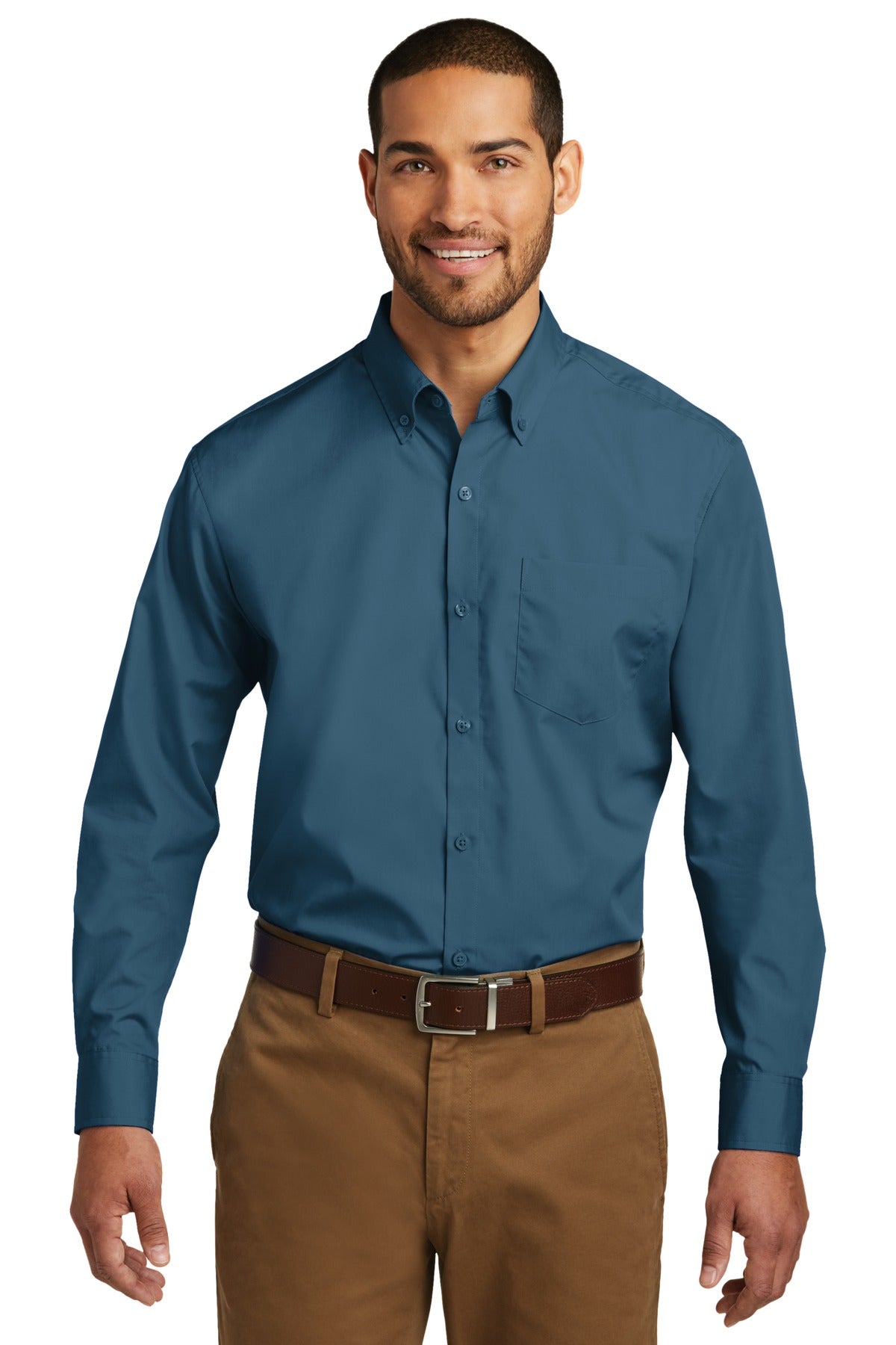 Front View of Dusty Blue Port Authority Long Sleeve Carefree Poplin Shirt. W100