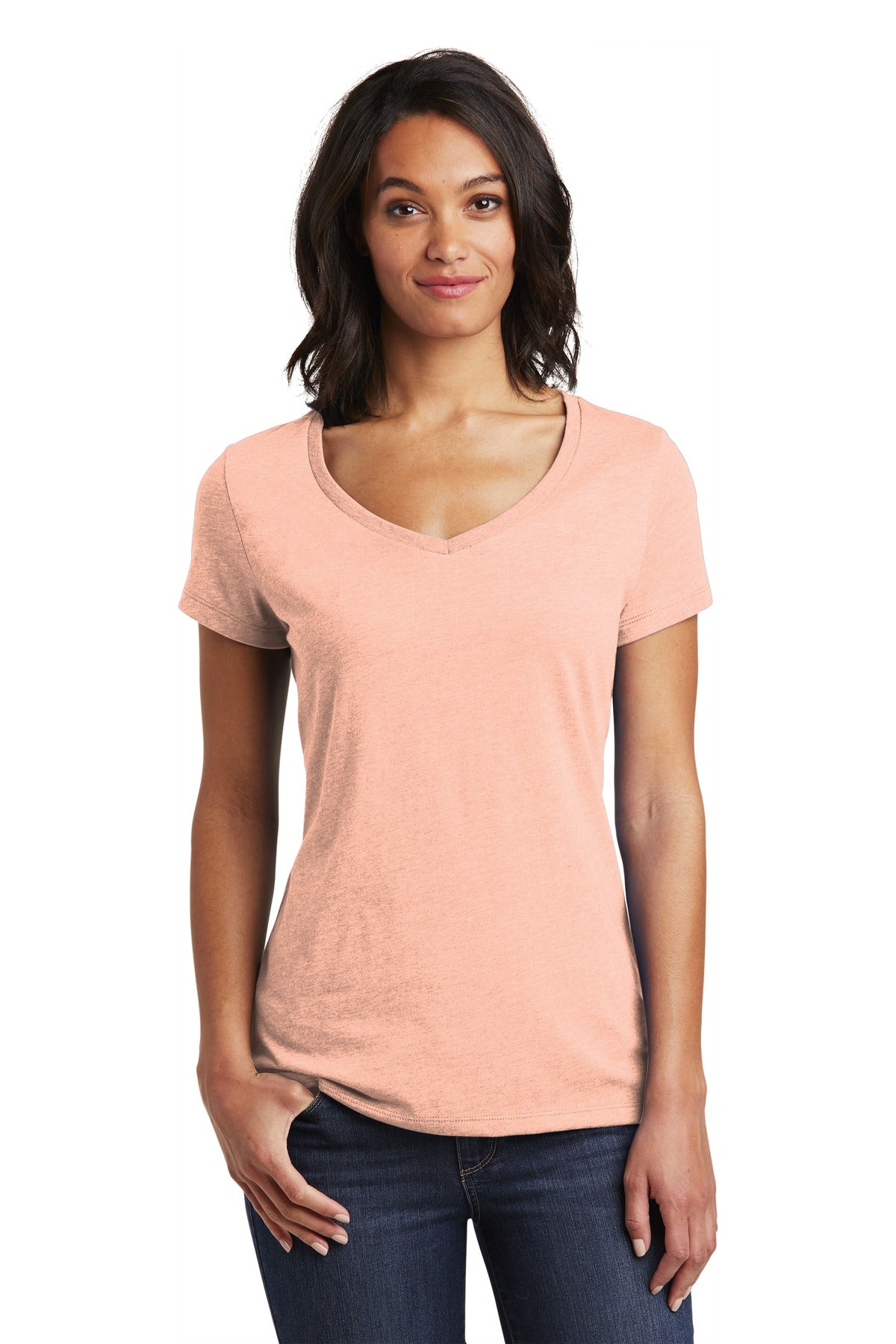 Front View of Dusty Peach District Women's Very Important Tee V-Neck. DT6503