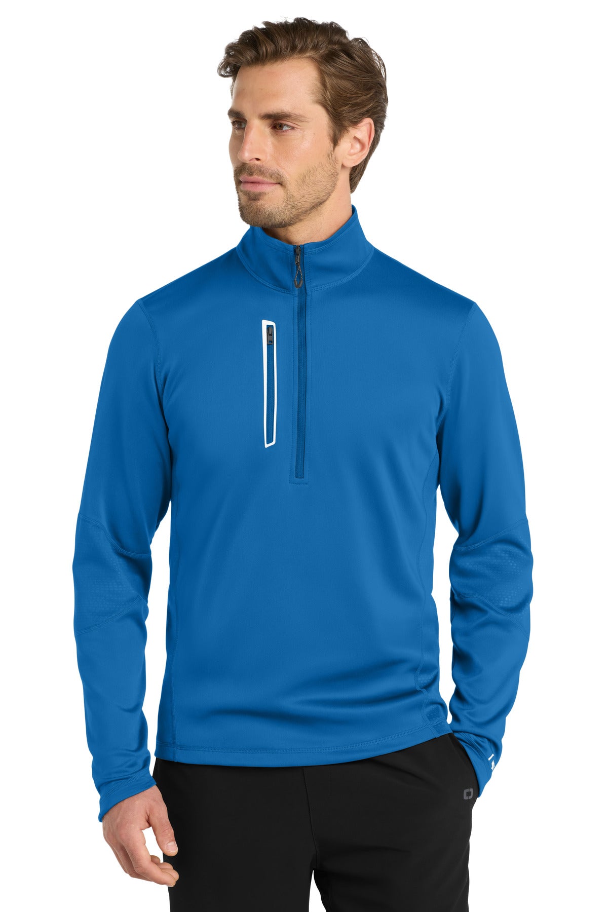 Front View of Electric Blue OGIO Fulcrum 1/4-Zip. OE701