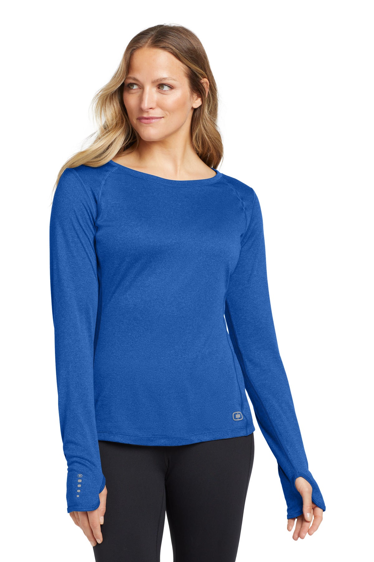 Front View of Electric Blue OGIO Women's Long Sleeve Pulse Crew. LOE321