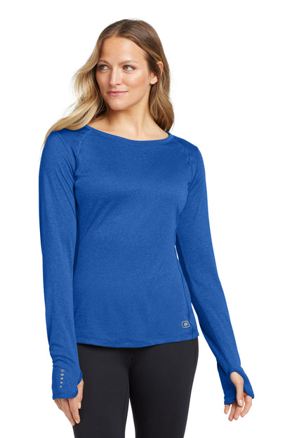Front View of Electric Blue OGIO Women's Long Sleeve Pulse Crew. LOE321