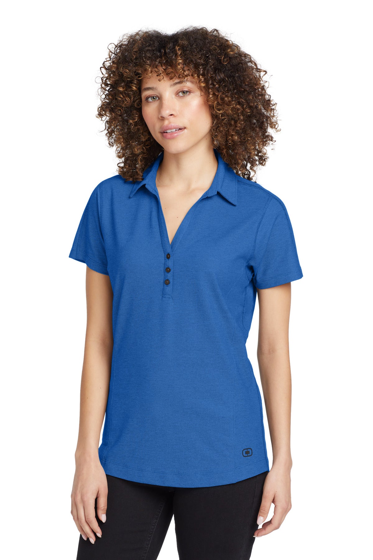 Front View of Electric Blue OGIO Women's Onyx Polo. LOG126