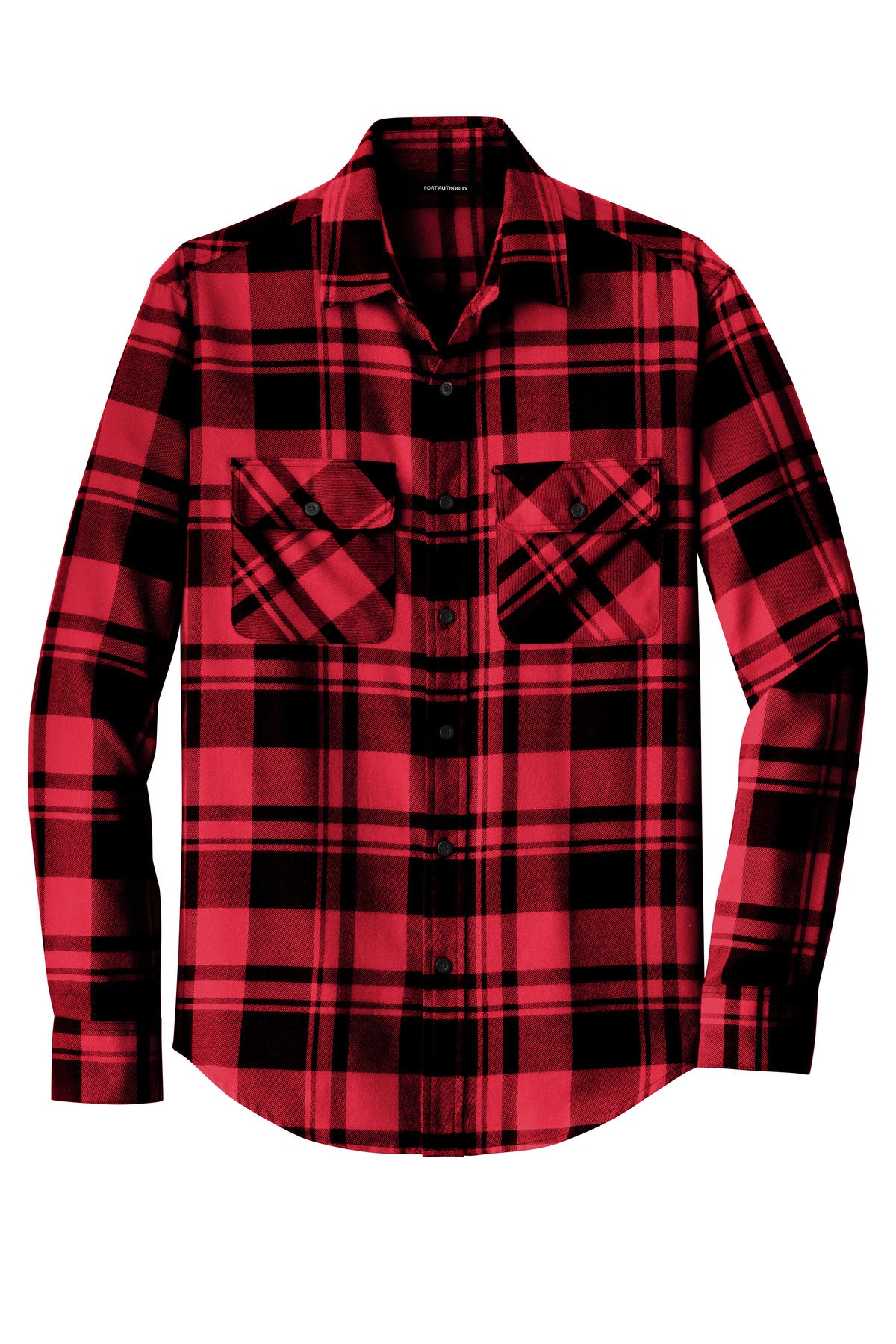 Front View of Engine Red/Blk Port Authority Plaid Flannel Shirt. W668