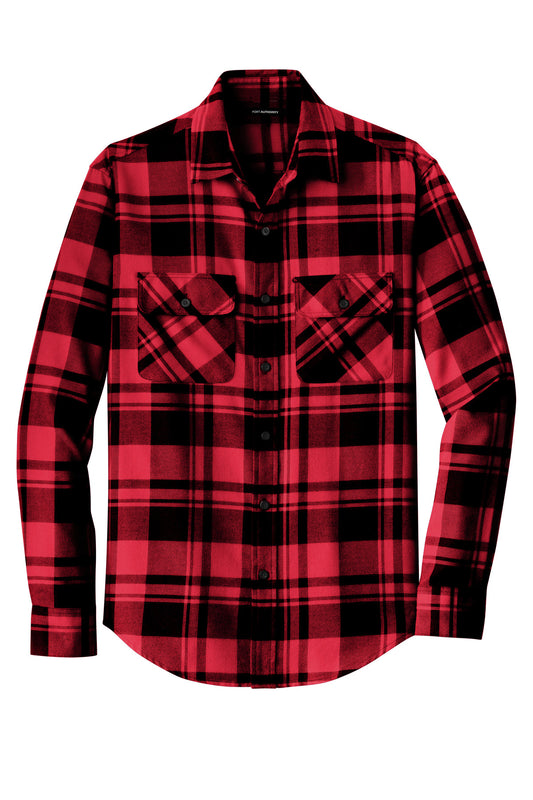 Front View of Engine Red/Blk Port Authority Plaid Flannel Shirt. W668