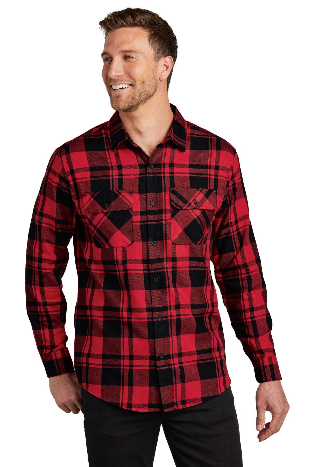 Front View of Engine Red/Blk Port Authority Plaid Flannel Shirt. W668