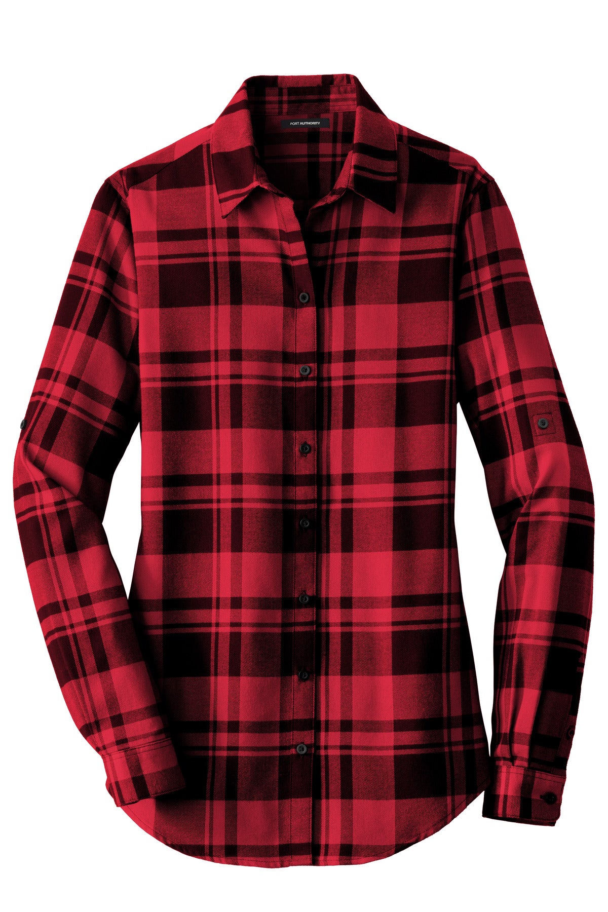 Front View of Engine Red/Blk Port Authority Women's Plaid Flannel Tunic . LW668
