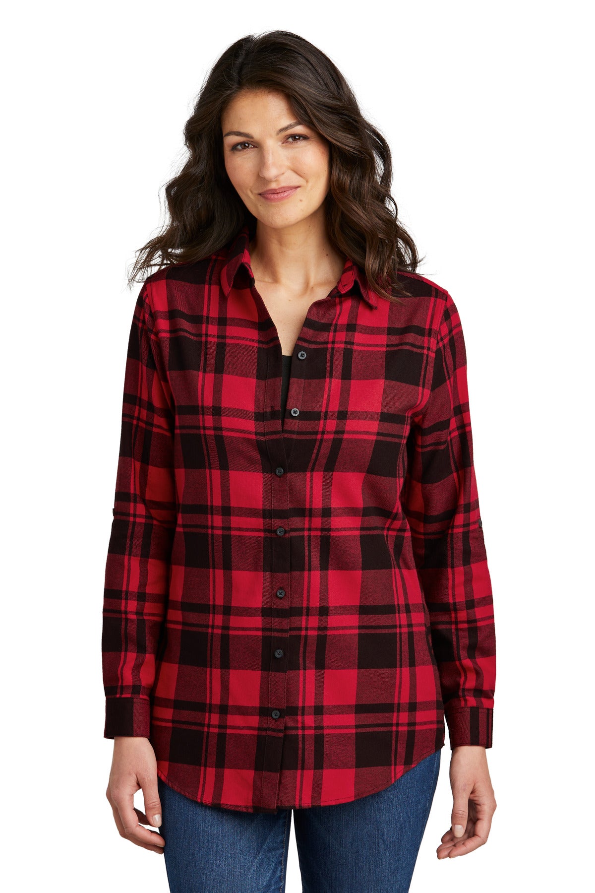 Front View of Engine Red/Blk Port Authority Women's Plaid Flannel Tunic . LW668