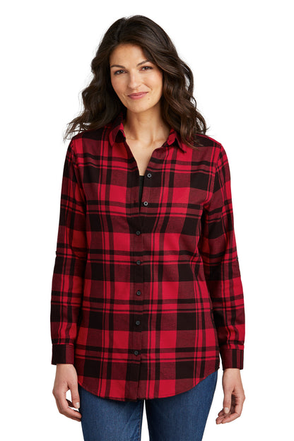 Front View of Engine Red/Blk Port Authority Women's Plaid Flannel Tunic . LW668