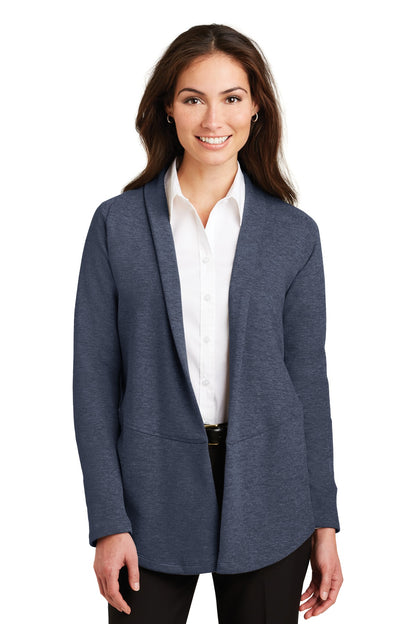 Front View of Est Bl/Char He Port Authority Women's Interlock Cardigan. L807