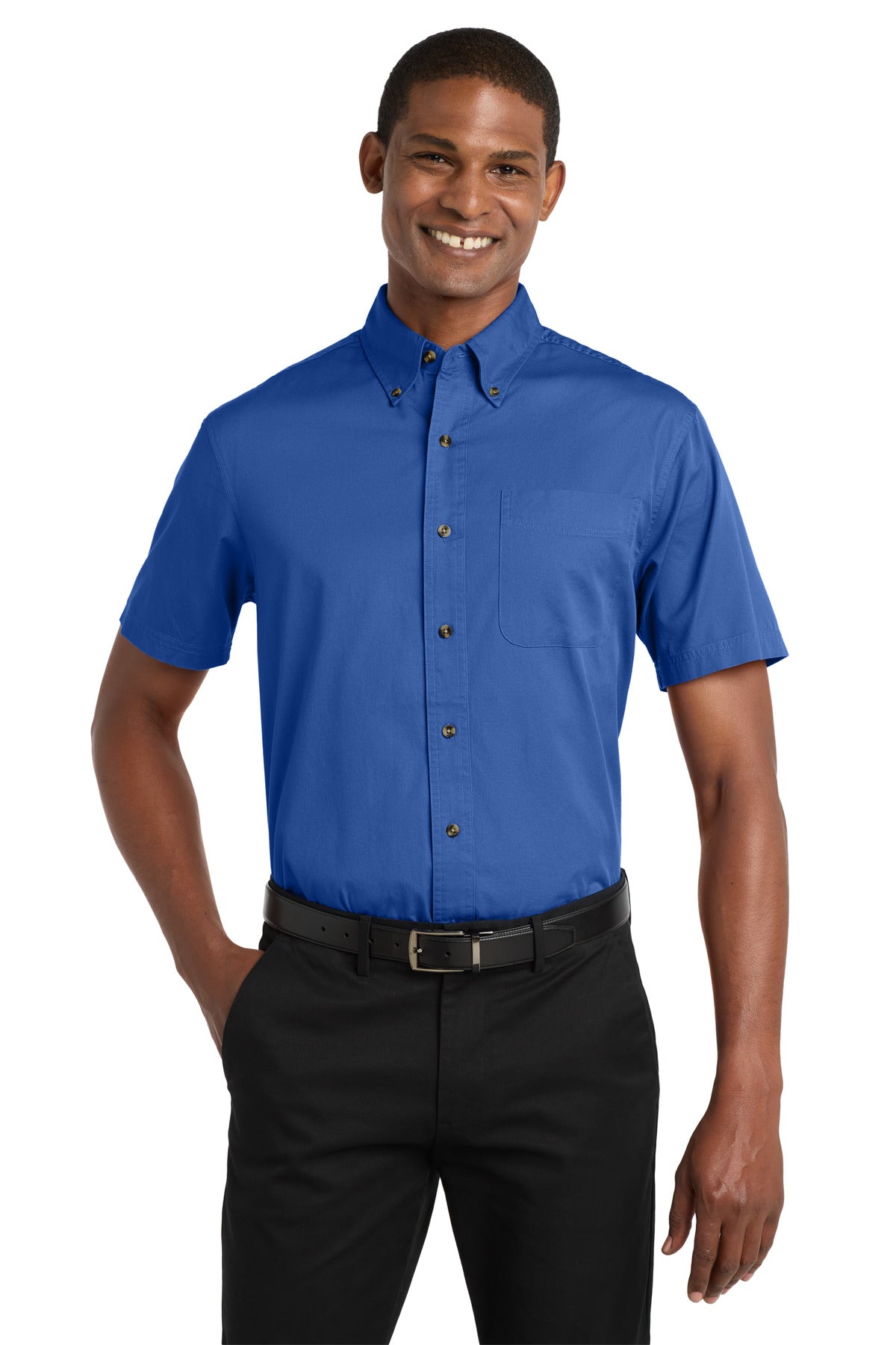 Front View of Faded Blue Port Authority Short Sleeve Twill Shirt. S500T